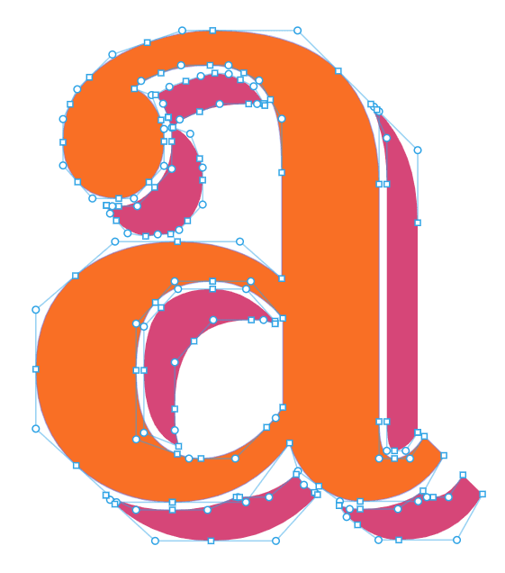 Zoomed-in letter showing each effect as a separate vector shape